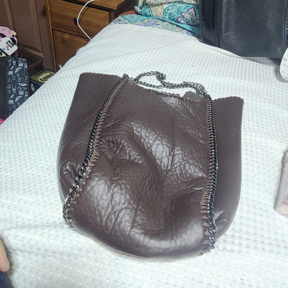 MODE LUXE GUC SHERPA LINED GUNMETAL CHAIN LEATHER RICH BROWN SHOULDER BAG - Picture 3 of 8